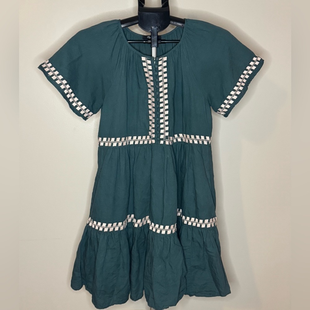 Madewell Embroidered Linen-Blend Flutter-Sleeve Mini Dress XXS Green Preppy Airy - Picture 4 of 11
